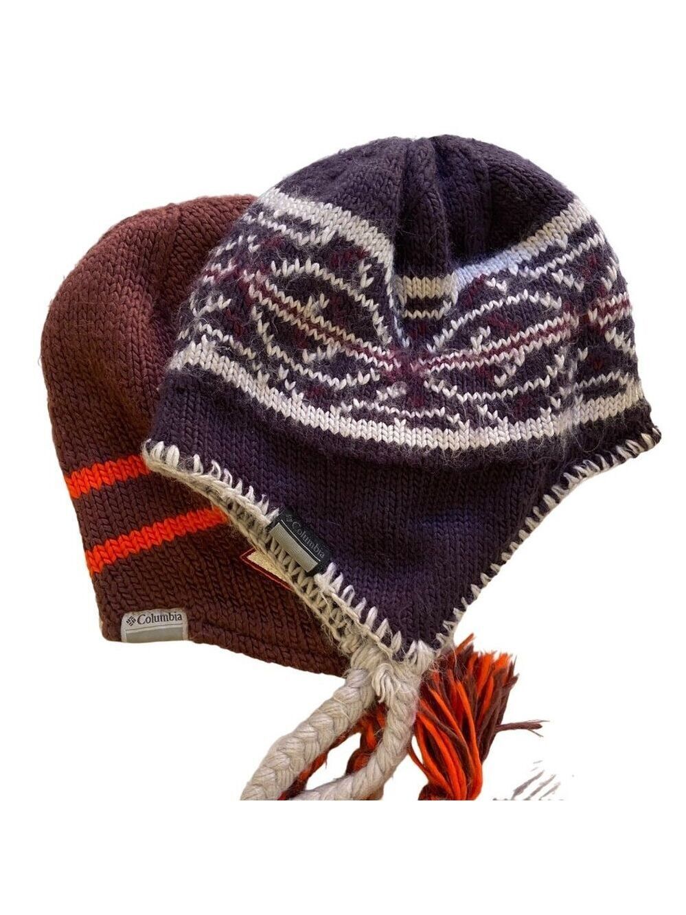 Bundle 2 beanie Columbia Burgundy & Orange Knit Fleece Lined Earflap navy blue